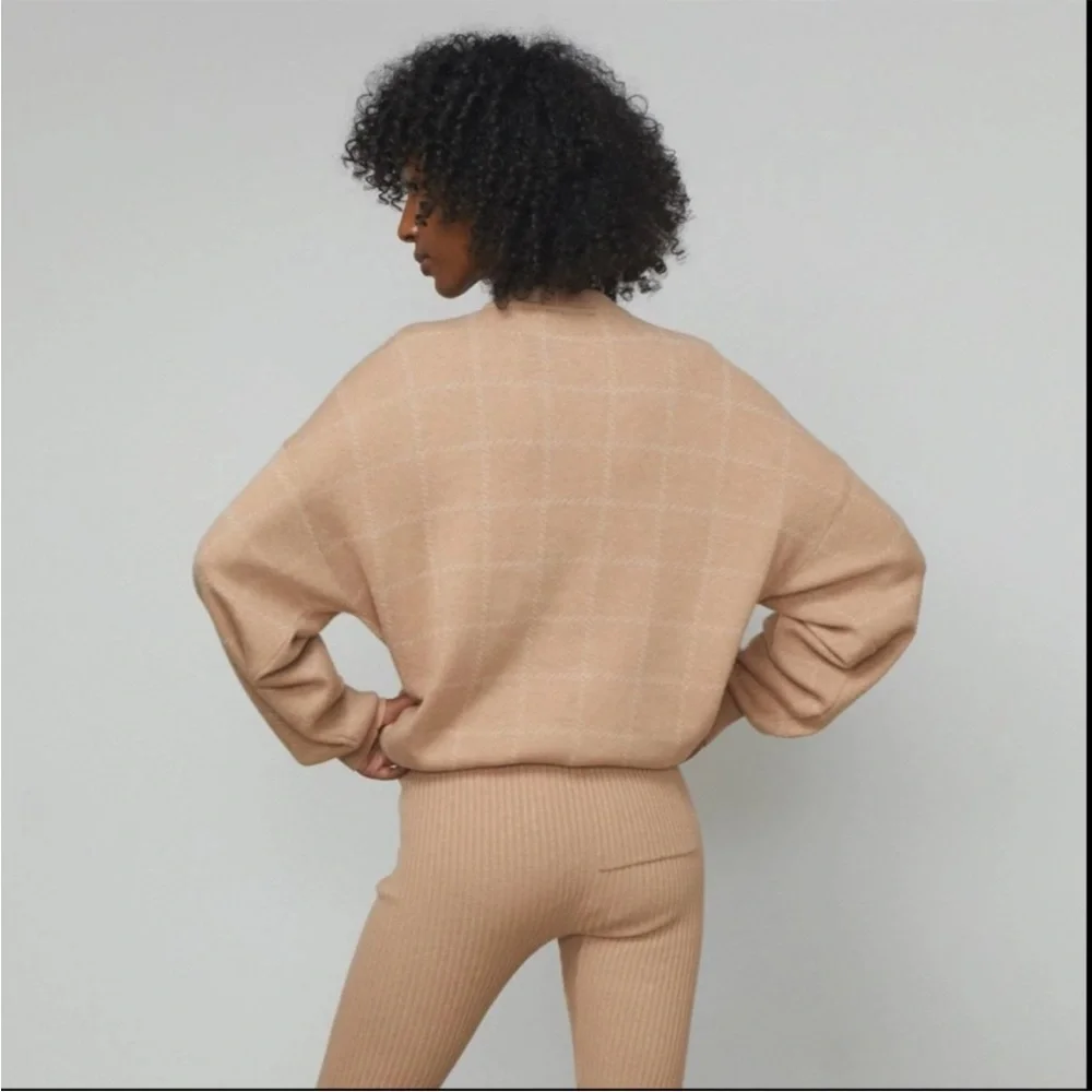 Lunya Cozy Cotton Silk Pullover Sweater Nutmeg Windowpane Tan NWT Large NEW - Picture 5 of 10